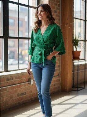 Zara Green Wrap Tunic with Black Polka Dots, M